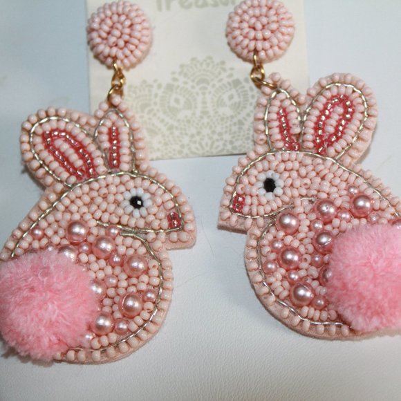 Pink Seed Beads & Pink Pearls Easter Bunny Earrings - Picture 2 of 3